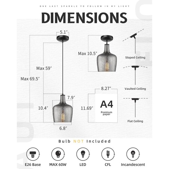 Smoky Gray Hammered Glass Bell Pendant Light | Modern Ceiling Fixture - Picture 4 of 11